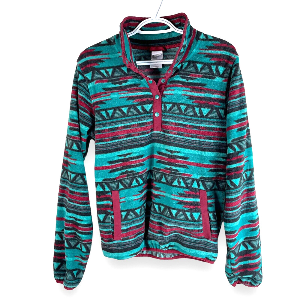 Cinch Aztec Southwest Fleece Pullover Sweater Womens S Green Red Pockets Snaps